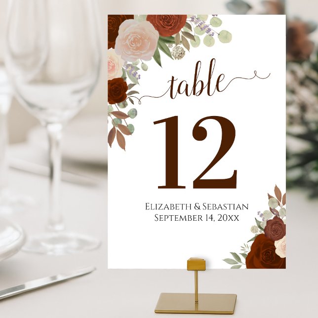Watercolor Roses Elegant Rust Orange Wedding Table Number (Creator Uploaded)