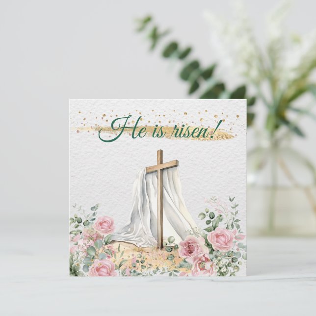 Watercolor Roses Eucalyptus He Is Risen Christian Holiday Card (Standing Front)