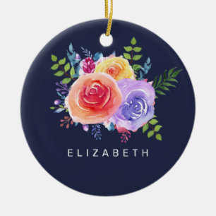 Watercolor Roses Floral Bouquet Ceramic Tree Decoration