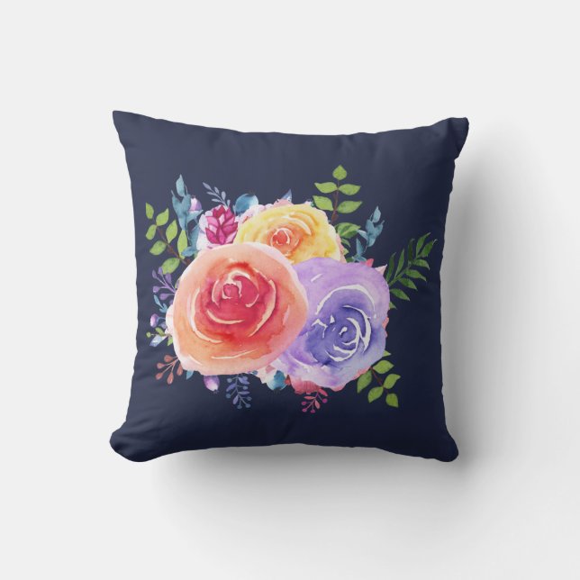 Watercolor Roses Floral Bouquet Cushion (Front)