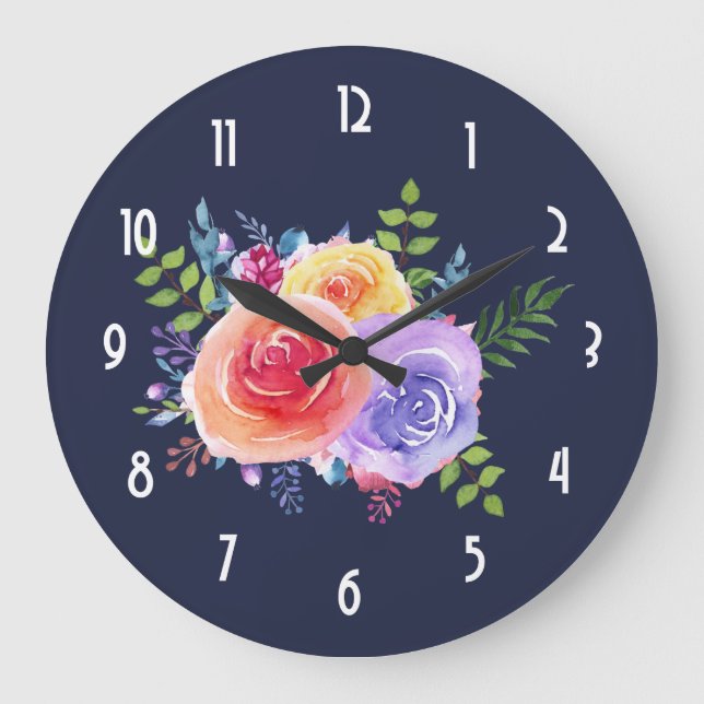 Watercolor Roses Floral Bouquet Large Clock (Front)