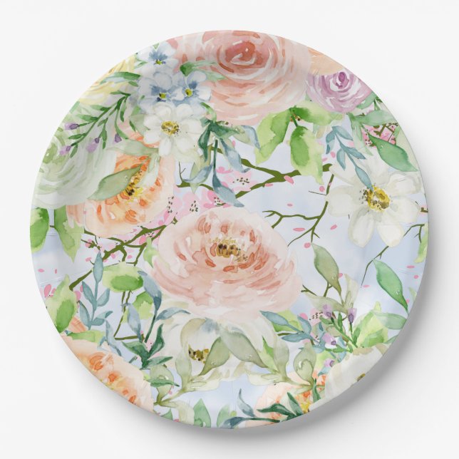 Watercolor Roses Floral Garden Party Wedding Paper Plate (Front)