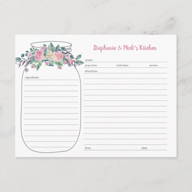 Watercolor Roses Floral Mason Jar Recipe Cards (Front)
