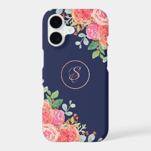 Watercolor Roses Floral Navy Glitter Monogram
