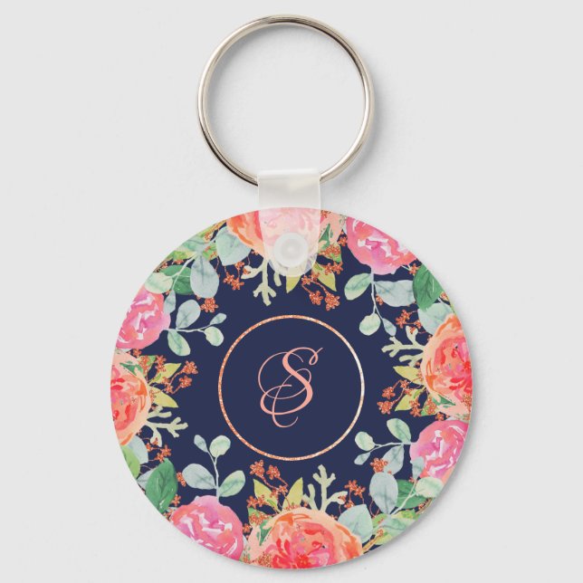 Watercolor Roses Floral Navy Glitter Monogram Key Ring (Front)