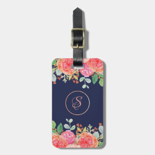 Watercolor Roses Floral Navy Glitter Monogram Luggage Tag