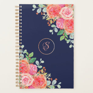 Watercolor Roses Floral Navy Glitter Monogram Planner