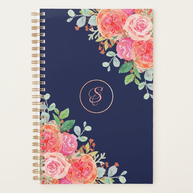 Watercolor Roses Floral Navy Glitter Monogram Planner (Front)