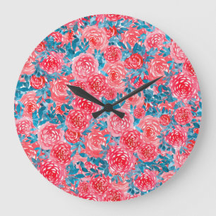 Watercolor Roses Floral Tapestry Large Clock