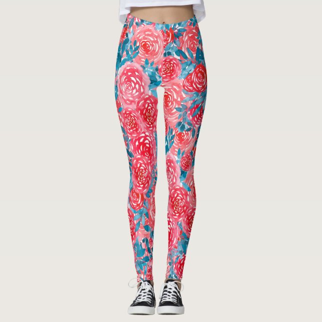 Watercolor Roses Floral Tapestry Leggings (Front)