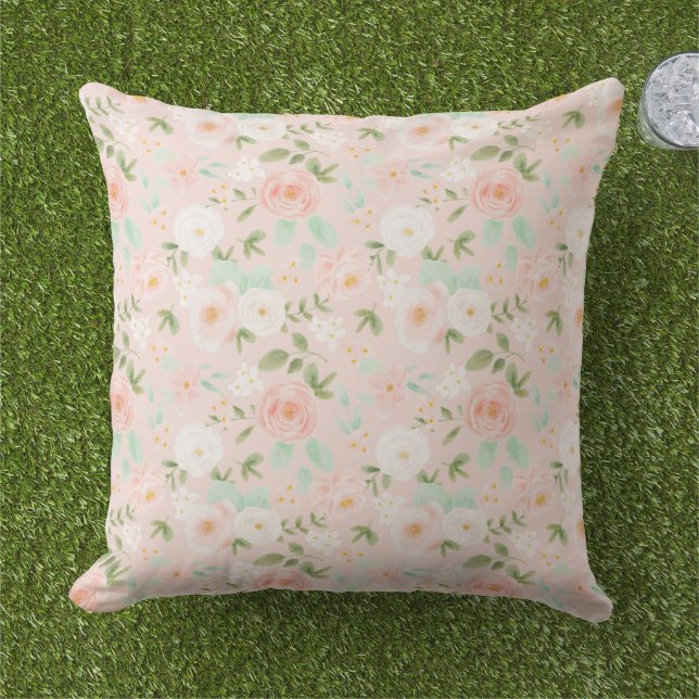 Watercolor Roses Flowers in Pink and Peach Cushion (Grass)
