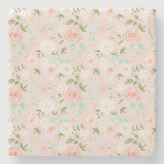 Watercolor Roses Flowers in Pink and Peach Stone Coaster (Front)