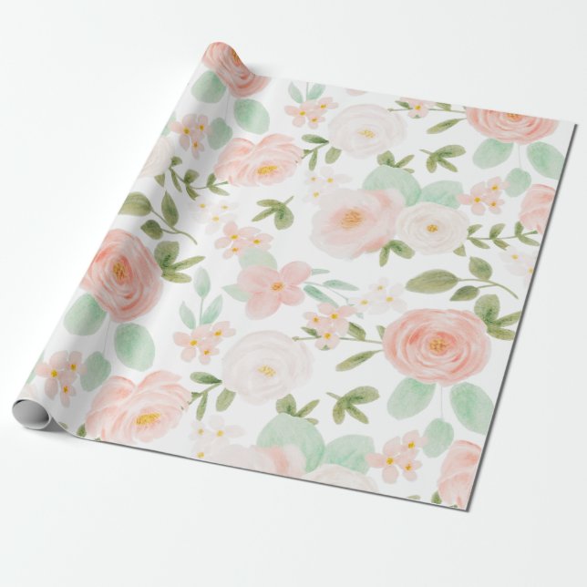 Watercolor Roses Flowers in Pink and Peach Wrapping Paper (Unrolled)