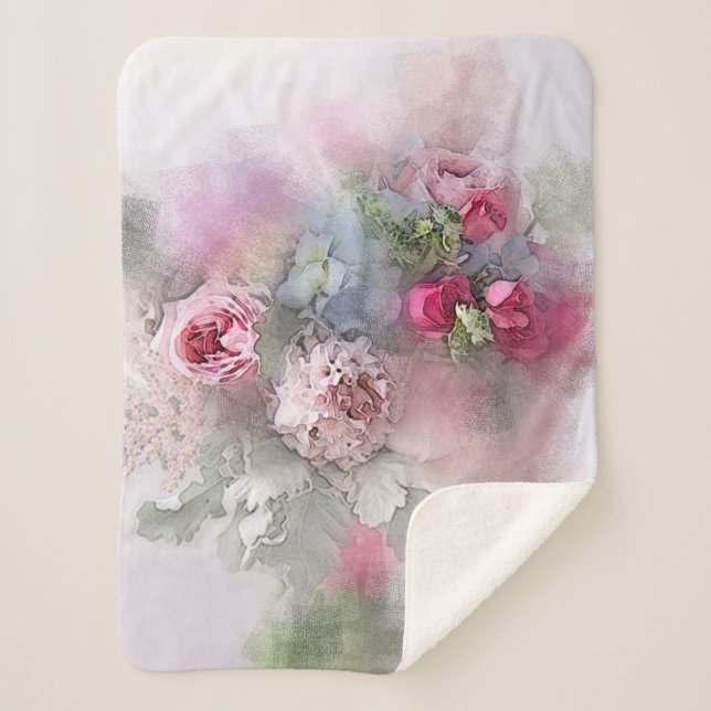 Watercolor Roses Flowers Modern Floral Template Sherpa Blanket (Front)