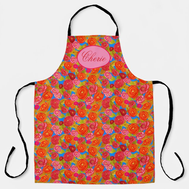 Watercolor Roses Flowers With Oval Text Apron (Front)