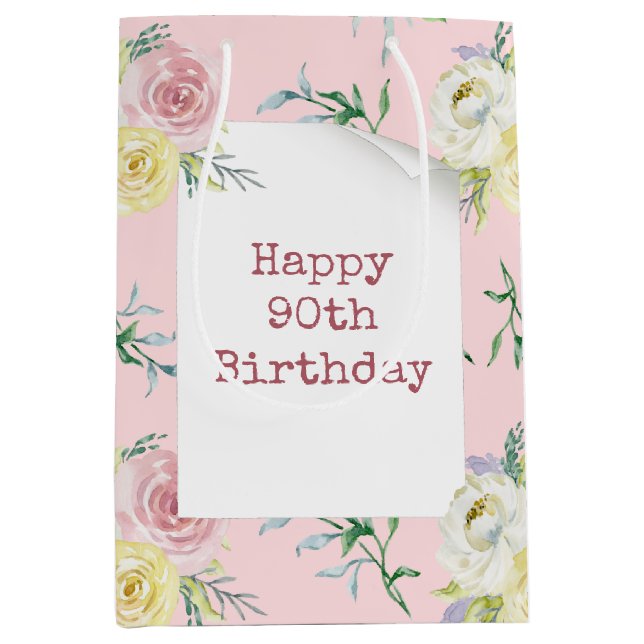 Watercolor Roses for 90th Birthday Medium Gift Bag (Front)