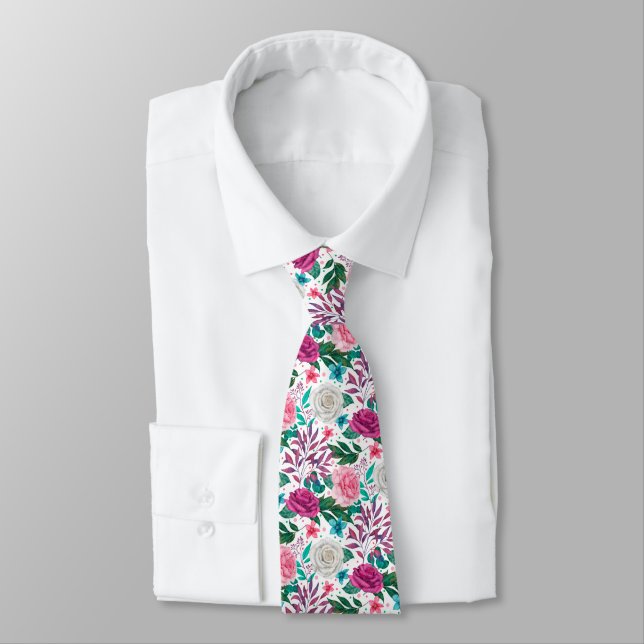 Watercolor Roses Fuchsia White Pink Teal Tie (Tied)