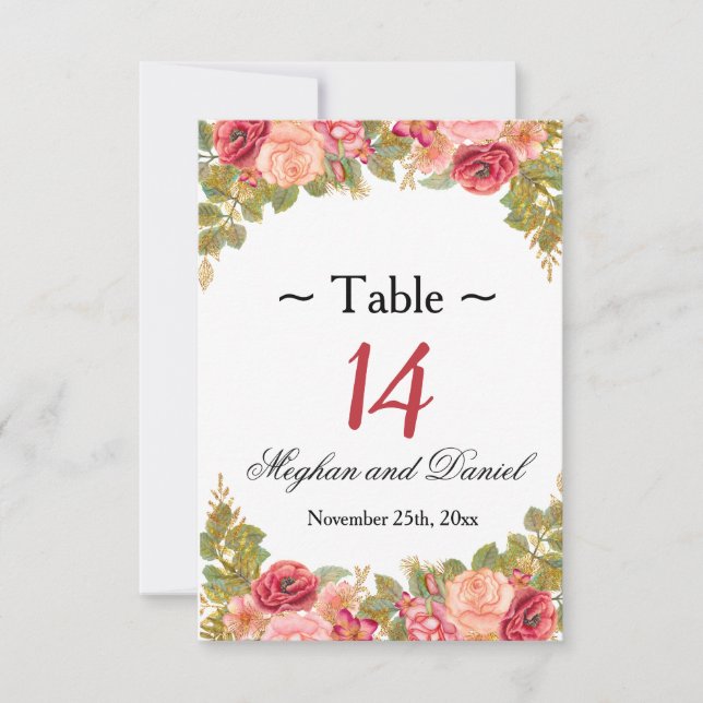 Watercolor Roses & Glitter Reception Table Cards (Front)