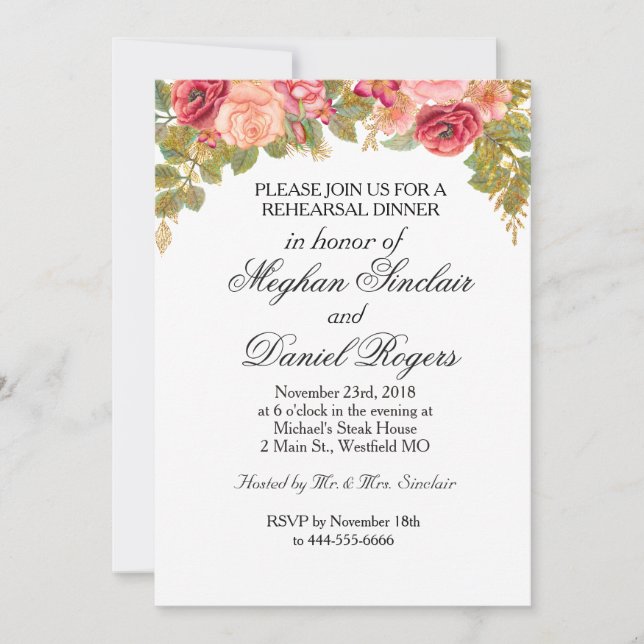 Watercolor Roses & Glitter Rehearsal Dinner Invite (Front)