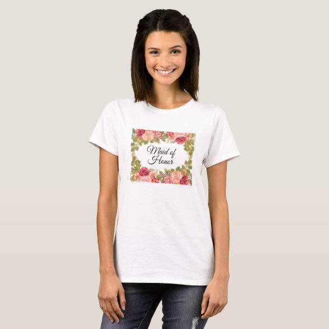 Watercolor Roses & Glitter T-Shirt (MAID OF HONOR) (Front Full)
