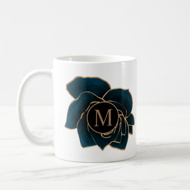 watercolor roses gold and blue monogram coffee mug (Left)