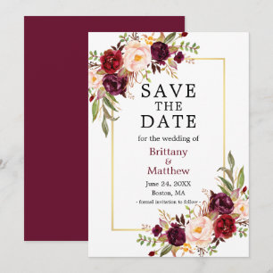 Watercolor Roses Gold Frame Burgundy Save The Date