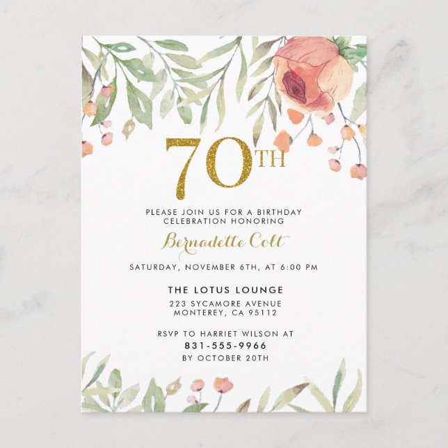 Watercolor Roses & Gold Glitter 70th Birthday Invitation Postcard (Front)