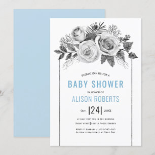 Watercolor roses grey floral boy baby shower invitation