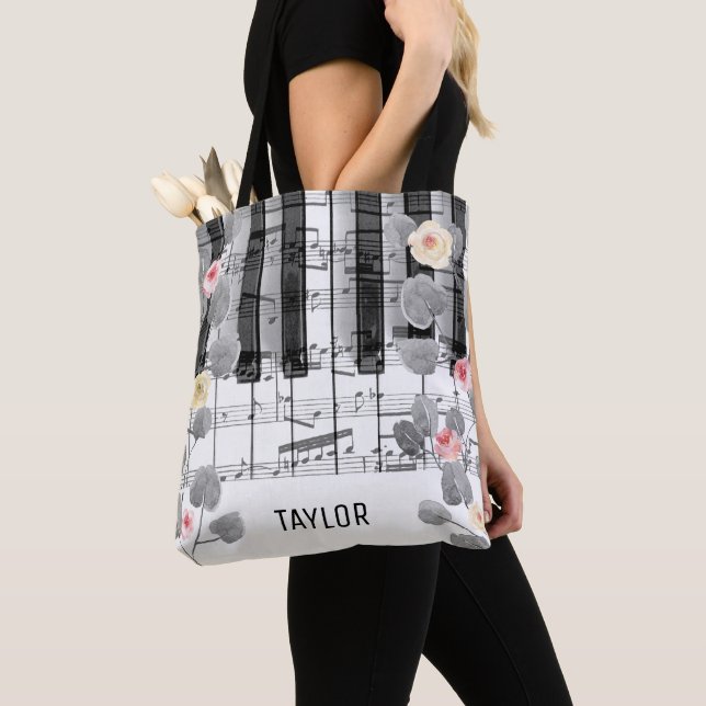 watercolor roses grey foliage music piano tote bag (Close Up)