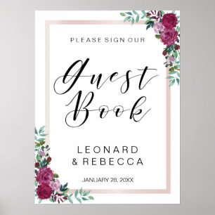 Watercolor roses Guest Book calligraphy sign