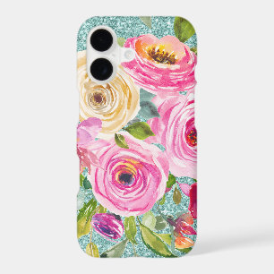 Watercolor Roses in Pink and Cream Aqua Glitter