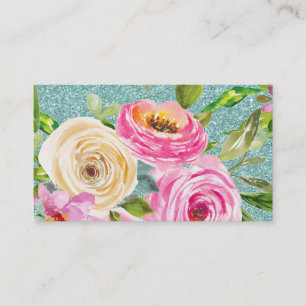Watercolor Roses in Pink and Cream Aqua Glitter Business Card