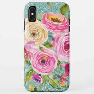 Watercolor Roses in Pink and Cream Aqua Glitter Case-Mate iPhone Case