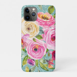 Watercolor Roses in Pink and Cream Aqua Glitter Case-Mate iPhone Case