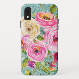 Watercolor Roses in Pink and Cream Aqua Glitter Case-Mate iPhone Case