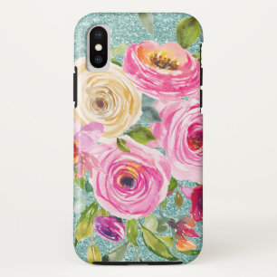 Watercolor Roses in Pink and Cream Aqua Glitter Case-Mate iPhone Case