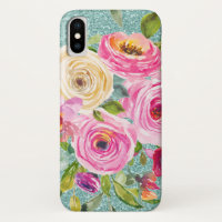 Watercolor Roses in Pink and Cream Aqua Glitter