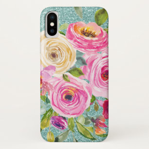 Watercolor Roses in Pink and Cream Aqua Glitter Case-Mate iPhone Case