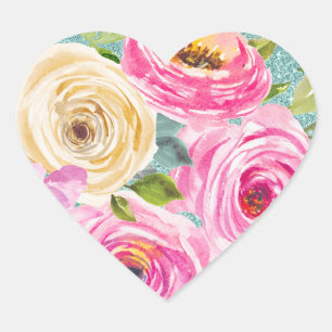 Watercolor Roses in Pink and Cream Aqua Glitter Heart Sticker