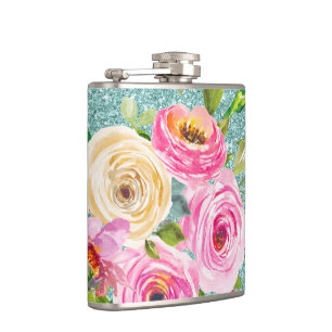 Watercolor Roses in Pink and Cream Aqua Glitter Hip Flask