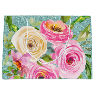 Watercolor Roses in Pink and Cream Aqua Glitter Large Gift Bag