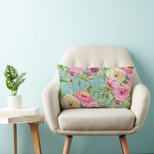 Watercolor Roses in Pink and Cream Aqua Glitter Lumbar Cushion