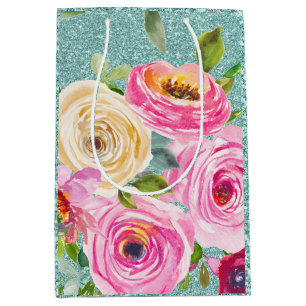 Watercolor Roses in Pink and Cream Aqua Glitter Medium Gift Bag