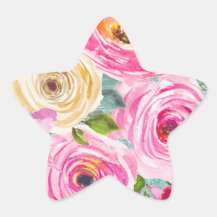 Watercolor Roses in Pink and Cream Aqua Glitter Star Sticker
