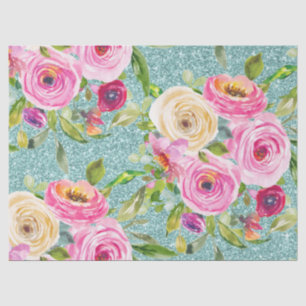 Watercolor Roses in Pink and Cream Aqua Glitter Tissue Paper