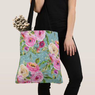 Watercolor Roses in Pink and Cream Aqua Glitter Tote Bag
