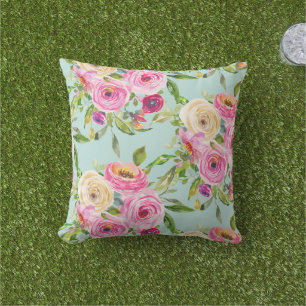 Watercolor Roses in Pink and Cream on Aqua Cushion