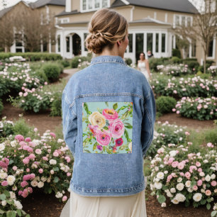 Watercolor Roses in Pink and Cream on Aqua Denim Jacket