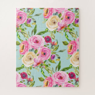 Watercolor Roses in Pink and Cream on Aqua Jigsaw Puzzle