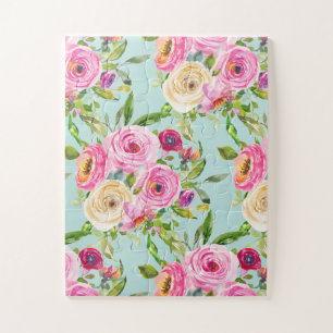Watercolor Roses in Pink and Cream on Aqua Jigsaw Puzzle